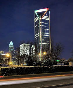 Duke Energy Building shining WHITE for Lung Cancer Awareness